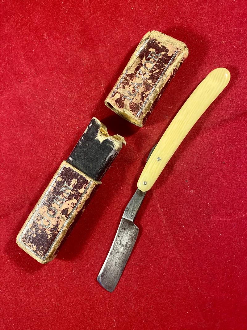 Antique Cutthroat Corn Razor with Fine Steel Blade, Ivorine Grip and Original Card Case c1880