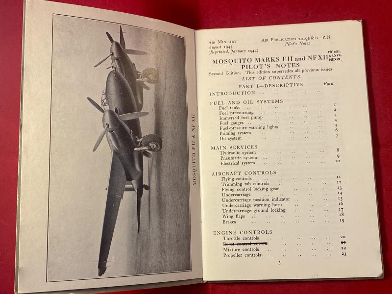 RAF Pilot’s Notes for MOSQUITO Mks F11 & NF.XII with Merlin 21 or 23 engines with amendments for NF.XIII, NF.XXVII & NF.XIX models and Merlin 25 engines c1944