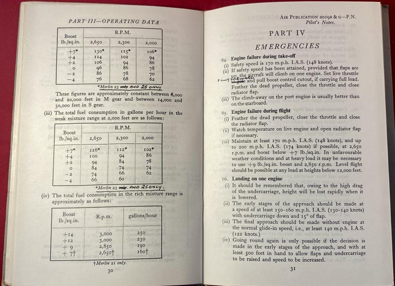 RAF Pilot’s Notes for MOSQUITO Mks F11 & NF.XII with Merlin 21 or 23 engines with amendments for NF.XIII, NF.XXVII & NF.XIX models and Merlin 25 engines c1944