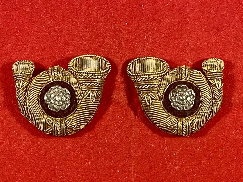 Rare Pair of Victorian King's Own Yorkshire light Infantry K.O.Y.L.I. Padded Bullion Wire Collar Badges