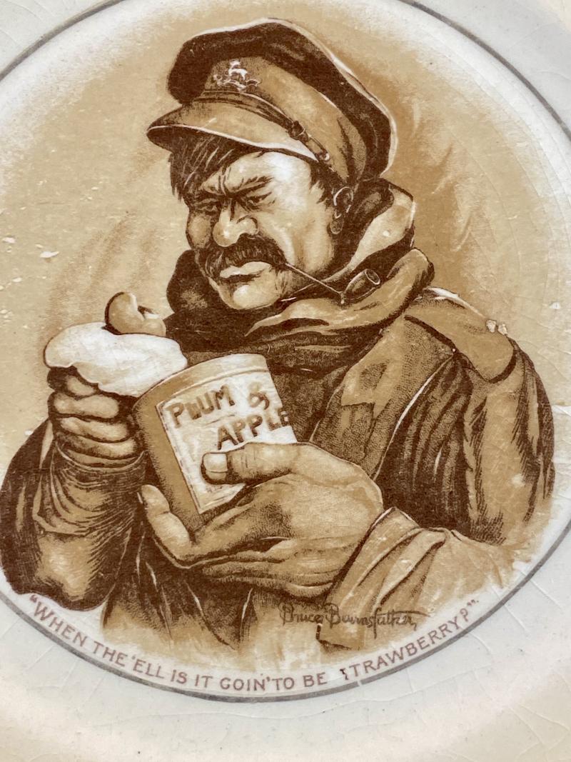 WW1 Bruce Bairnsfather 6” Commemorative Plate/Plaque Depicting “Old Bill” and the words “WHEN THE ‘ELL IS IT GOIN' TO BE STRAWBERRY?”