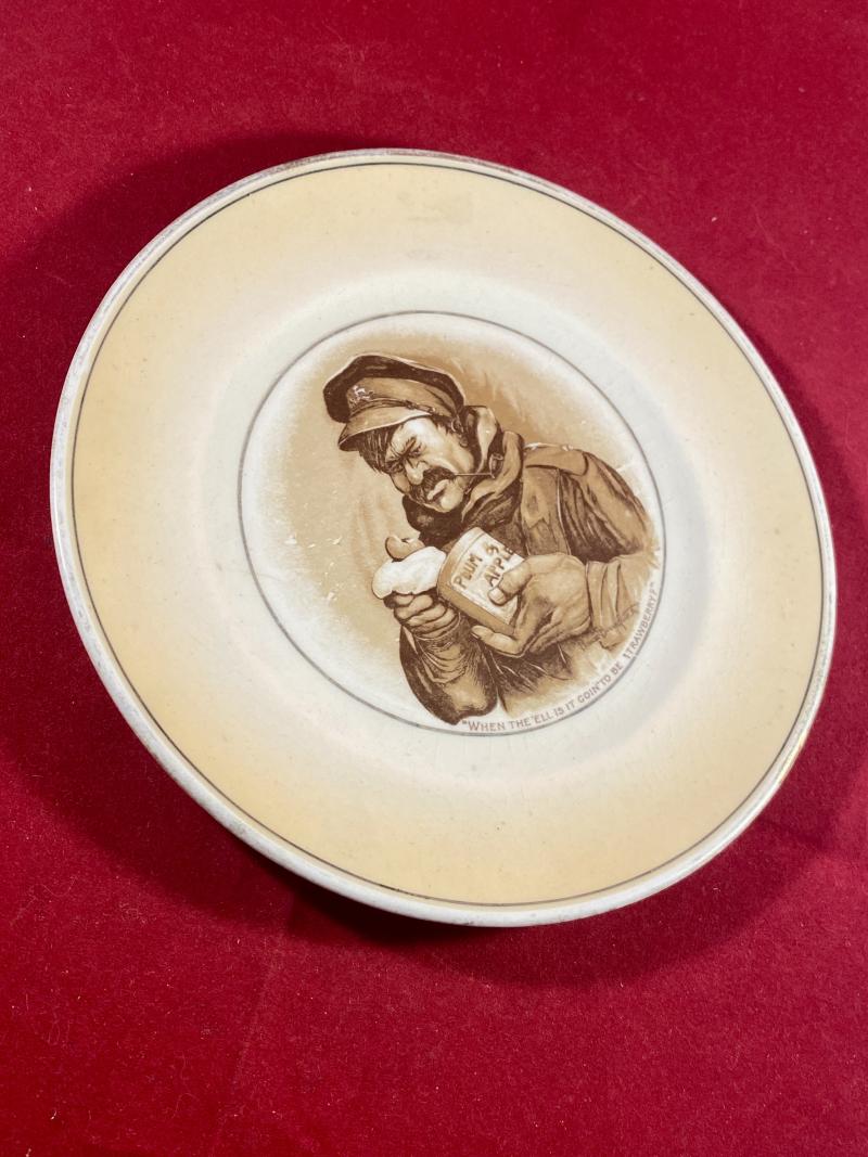 WW1 Bruce Bairnsfather 6” Commemorative Plate/Plaque Depicting “Old Bill” and the words “WHEN THE ‘ELL IS IT GOIN' TO BE STRAWBERRY?”
