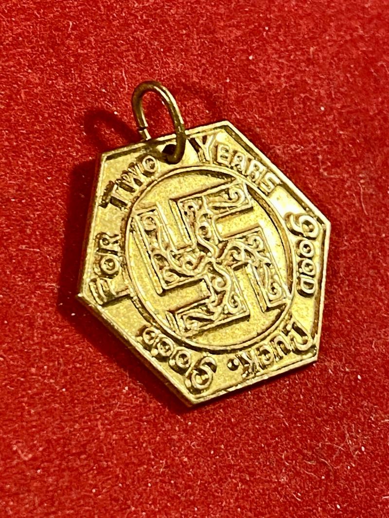 Pre WW2 Gilt Metal Swastika Token “FOR TWO YEARS OF GOOD LUCK - GOOD LUCK” c1930