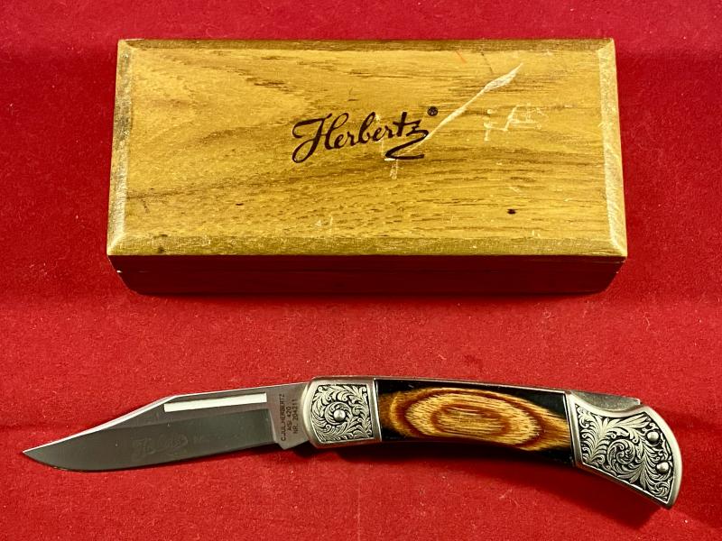Mint Ornate Vintage Folding Lock Knife by Herbertz Messer with Lined Wooden Box