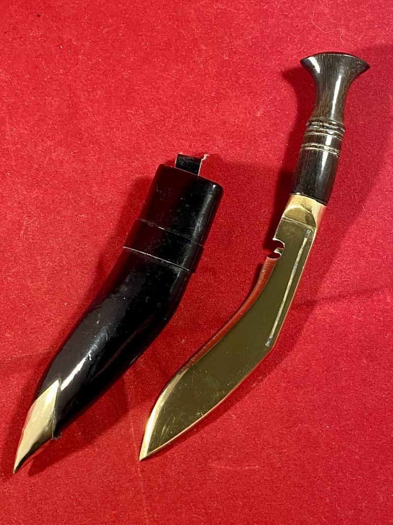 Vintage Miniature Brass Kukri Knife with Carved Horn Grip and Sheath