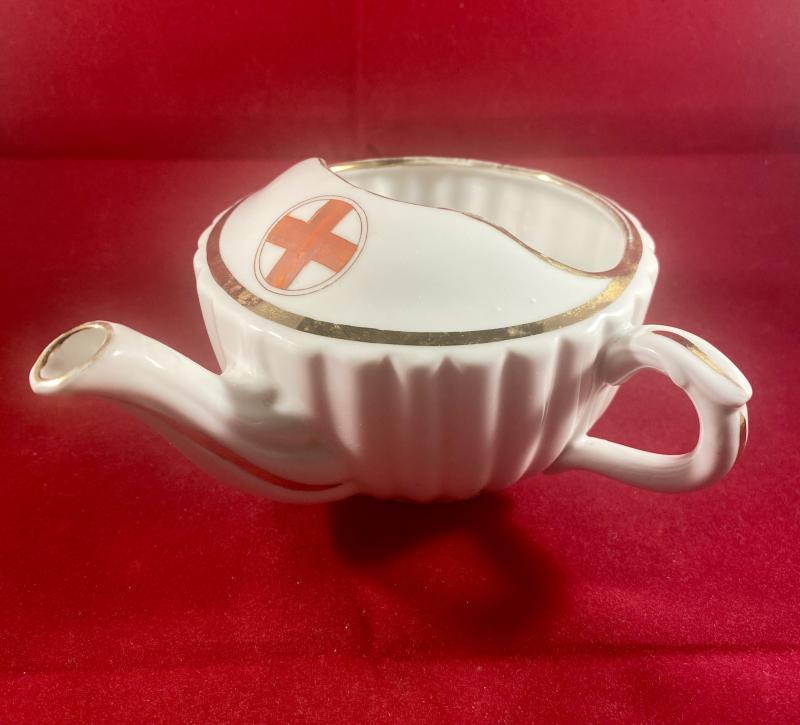 Unusual WW1 Period White China Ribbed Feeding Cup with Red Cross Society Emblem and Gilt Edging