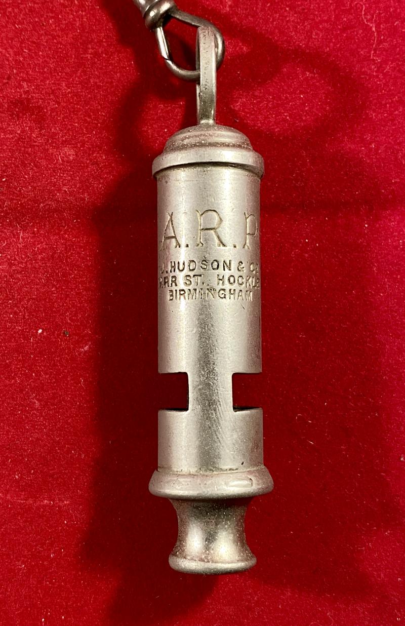 Original WW2 A.R.P. Whistle by J. Hudson & Co of Barr St Hockley Birmingham with Chain
