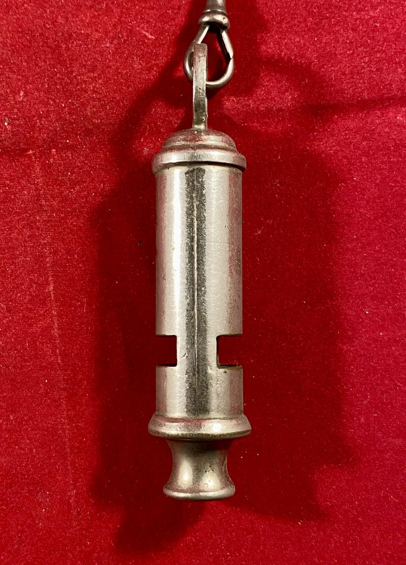 Original WW2 A.R.P. Whistle by J. Hudson & Co of Barr St Hockley Birmingham with Chain