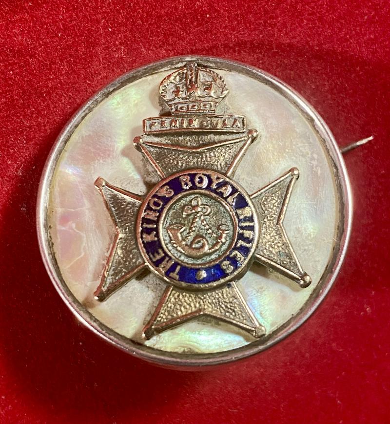 WW1 The Kings Royal Rifles Silver Rimmed, Gilt Brass, Enamel and Mother of Pearl Sweetheart Brooch