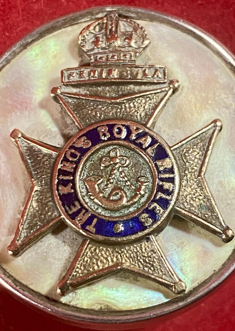 WW1 The Kings Royal Rifles Silver Rimmed, Gilt Brass, Enamel and Mother of Pearl Sweetheart Brooch