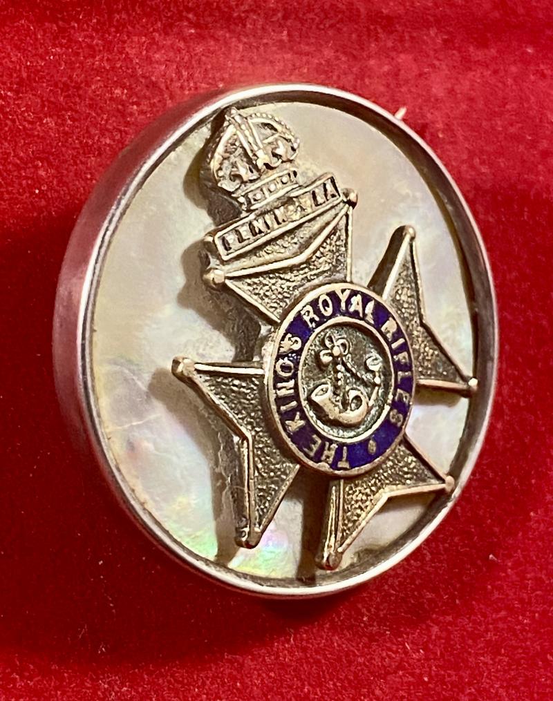 WW1 The Kings Royal Rifles Silver Rimmed, Gilt Brass, Enamel and Mother of Pearl Sweetheart Brooch