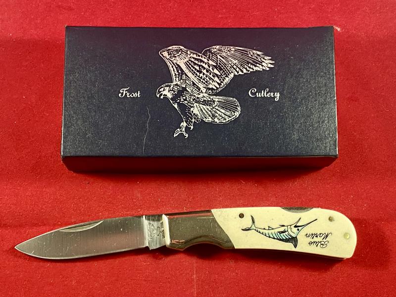Collector’s Lockback Knife by Frost Cutlery with Custom Scrimshaw of a Blue Marlin by O.D.
