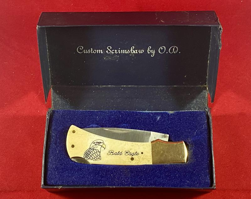 Collector’s Lockback Knife by Frost Cutlery with Custom Scrimshaw of a Bald Eagle by O.D.