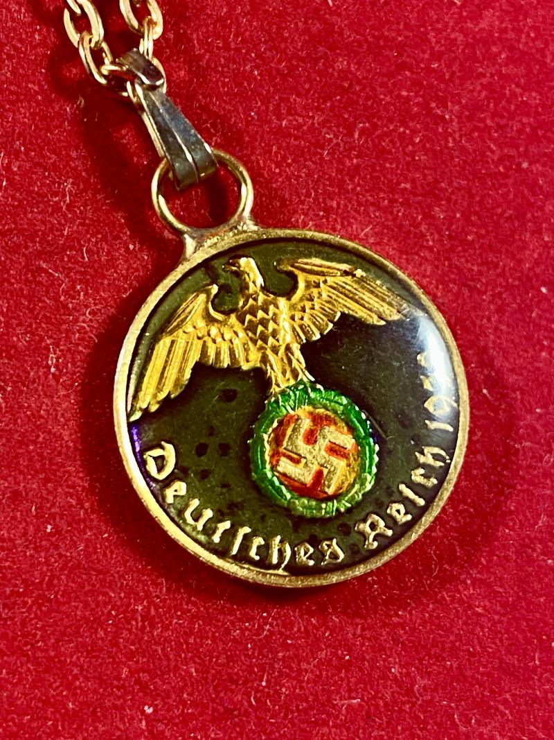 Rare Hand Coloured Enamel Nazi 1938 1 Pfennig Coin Pendant with Chain