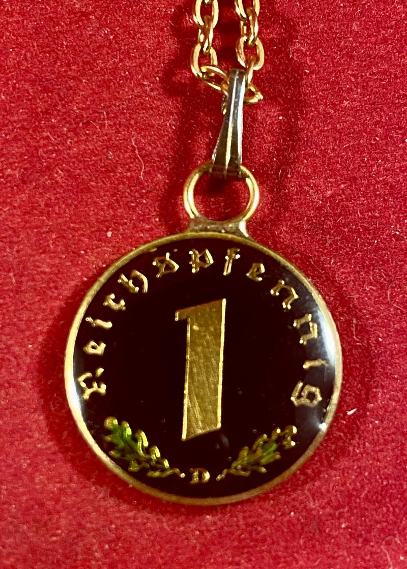 Rare Hand Coloured Enamel Nazi 1938 1 Pfennig Coin Pendant with Chain
