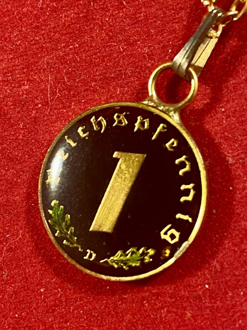 Rare Hand Coloured Enamel Nazi 1938 1 Pfennig Coin Pendant with Chain