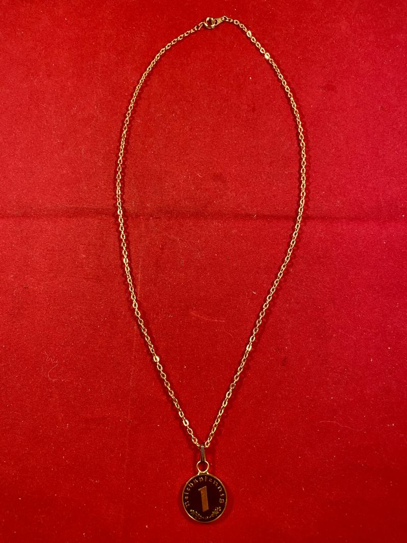 Rare Hand Coloured Enamel Nazi 1938 1 Pfennig Coin Pendant with Chain