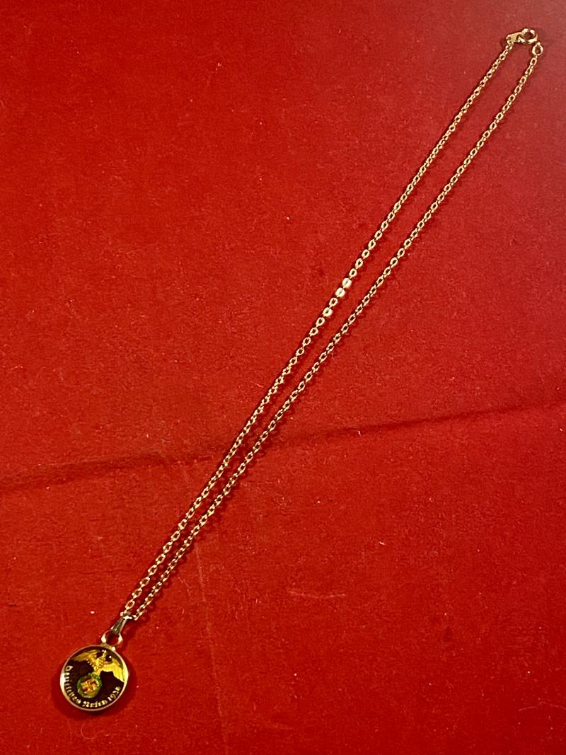 Rare Hand Coloured Enamel Nazi 1938 1 Pfennig Coin Pendant with Chain
