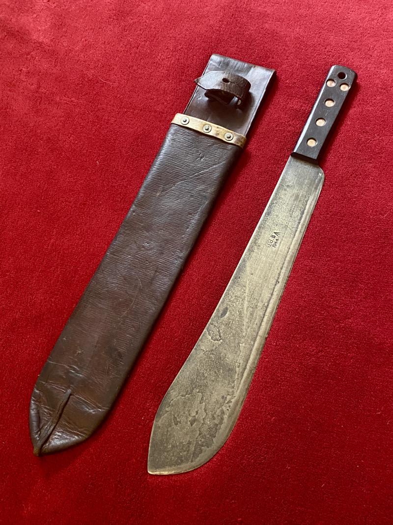 Fine WW2 British Military Machete by J.J.B. 1944 with Dark Brown Leather Scabbard Marker Marked P.I. 1942