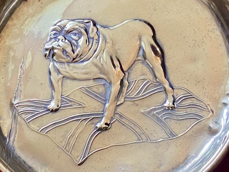 WW1 Patriotic Brass Pin or Coin Tray Depicting a British Bulldog Standing Astride a Union Jack Flag