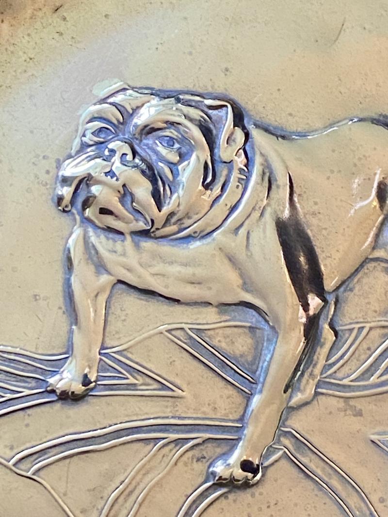WW1 Patriotic Brass Pin or Coin Tray Depicting a British Bulldog Standing Astride a Union Jack Flag