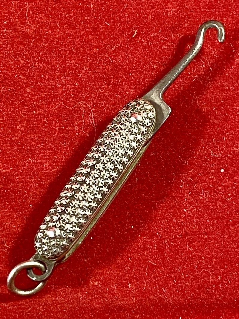 Antique Miniature Ladies Chatelaine Folding Glove Button Hook with Ornate Silver Handle Scales c1890
