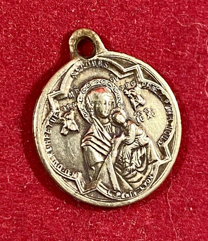 Rare Antique French Religious Brass Medal Charm - Saint Alphonse De Liguori our Lady Virgin Mary and Jesus