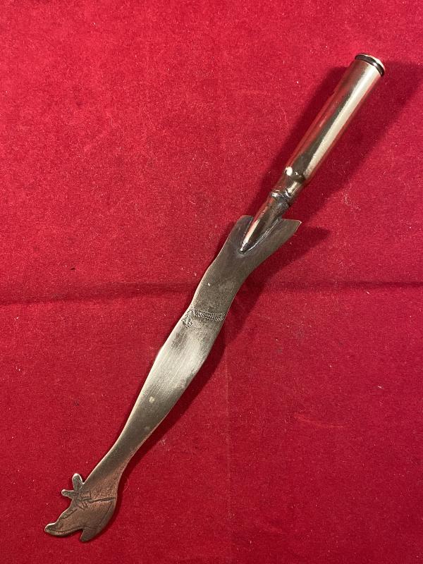 Unusual British WW1 Bullet Trench Art Letter Opener in the Shape of a Lady’s Leg with an Engaved Shoe and Garter