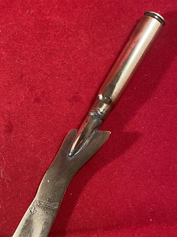 Unusual British WW1 Bullet Trench Art Letter Opener in the Shape of a Lady’s Leg with an Engaved Shoe and Garter