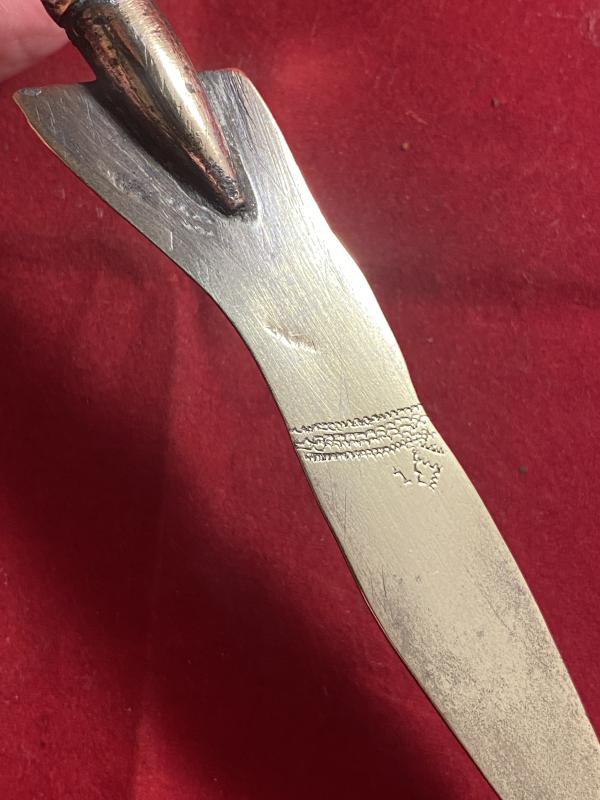 Unusual British WW1 Bullet Trench Art Letter Opener in the Shape of a Lady’s Leg with an Engaved Shoe and Garter