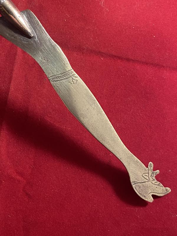 Unusual British WW1 Bullet Trench Art Letter Opener in the Shape of a Lady’s Leg with an Engaved Shoe and Garter