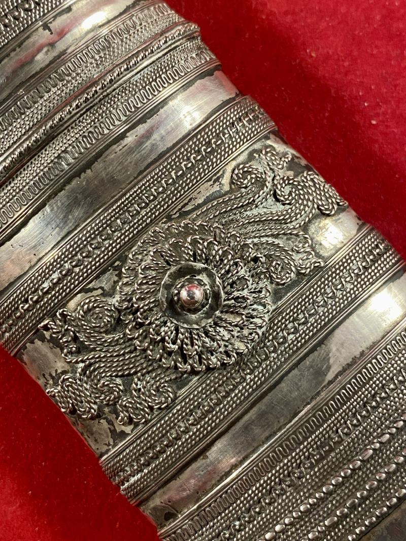 Fine 19th Century Burmese Dha Dagger Sword with Ornate Silver Covered Wooden Sheath