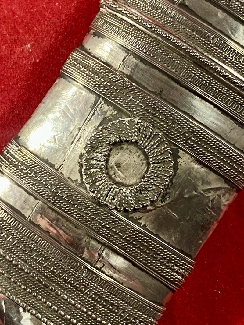 Fine 19th Century Burmese Dha Dagger Sword with Ornate Silver Covered Wooden Sheath