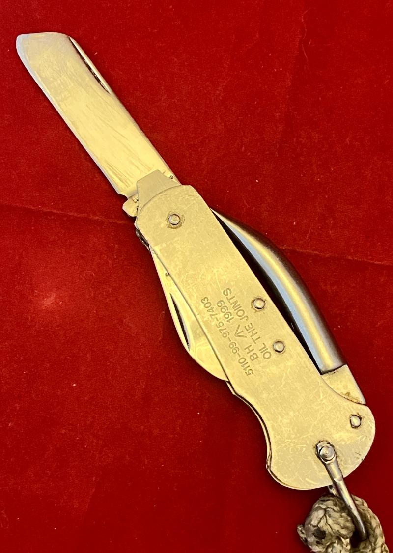 Vintage British Military Three-Piece Stainless Steel Clasp Knife by Brooks & Hardwidge dated 1999 with Braided Lanyard and Snap Hook