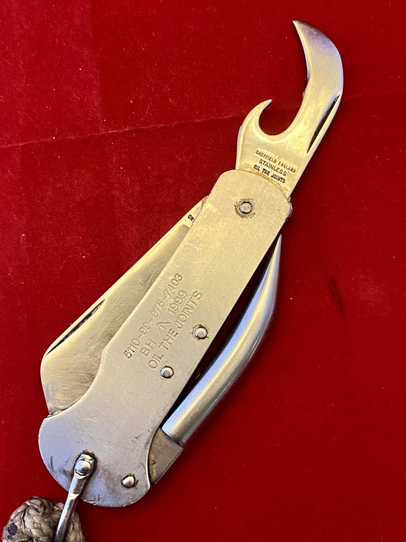 Vintage British Military Three-Piece Stainless Steel Clasp Knife by Brooks & Hardwidge dated 1999 with Braided Lanyard and Snap Hook