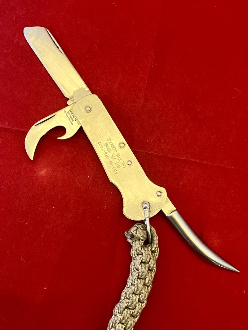 Vintage British Military Three-Piece Stainless Steel Clasp Knife by Brooks & Hardwidge dated 1999 with Braided Lanyard and Snap Hook
