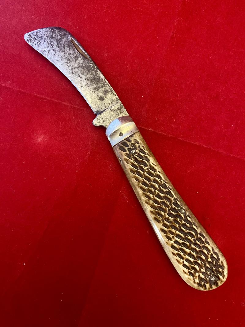 Antique Pruning Knife with Jigged Bone or Composite Stag Antler Grip Scales