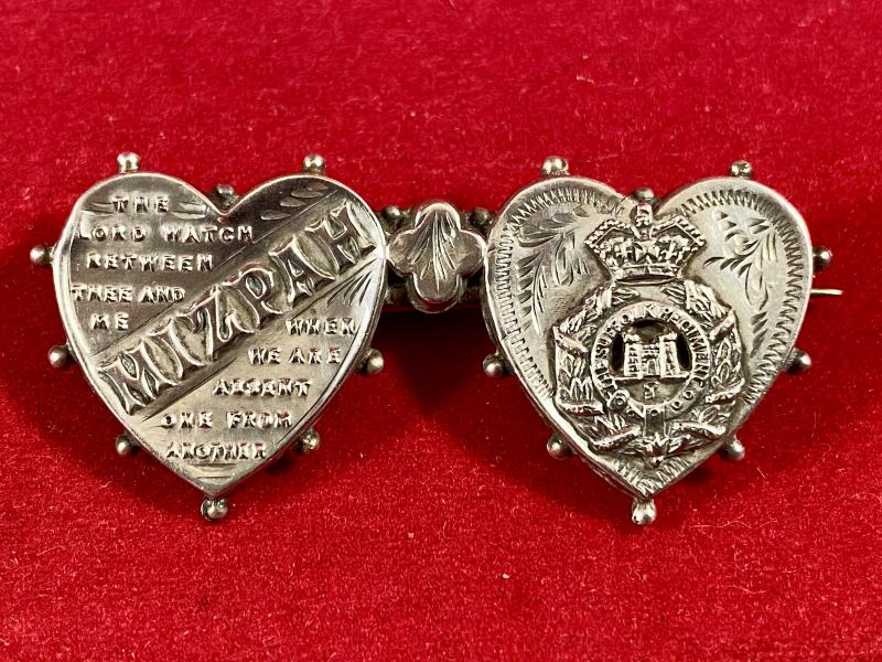 Pre WW1 Hallmarked Silver MIZPAH and Suffolk Regiment Double Heart Sweetheart Brooch by C&S - 1907
