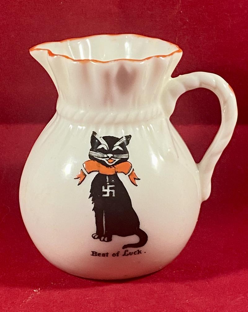 Milton China Crested Ware Sack Jug Depicting Lucky Black Cat with Swastika c1920