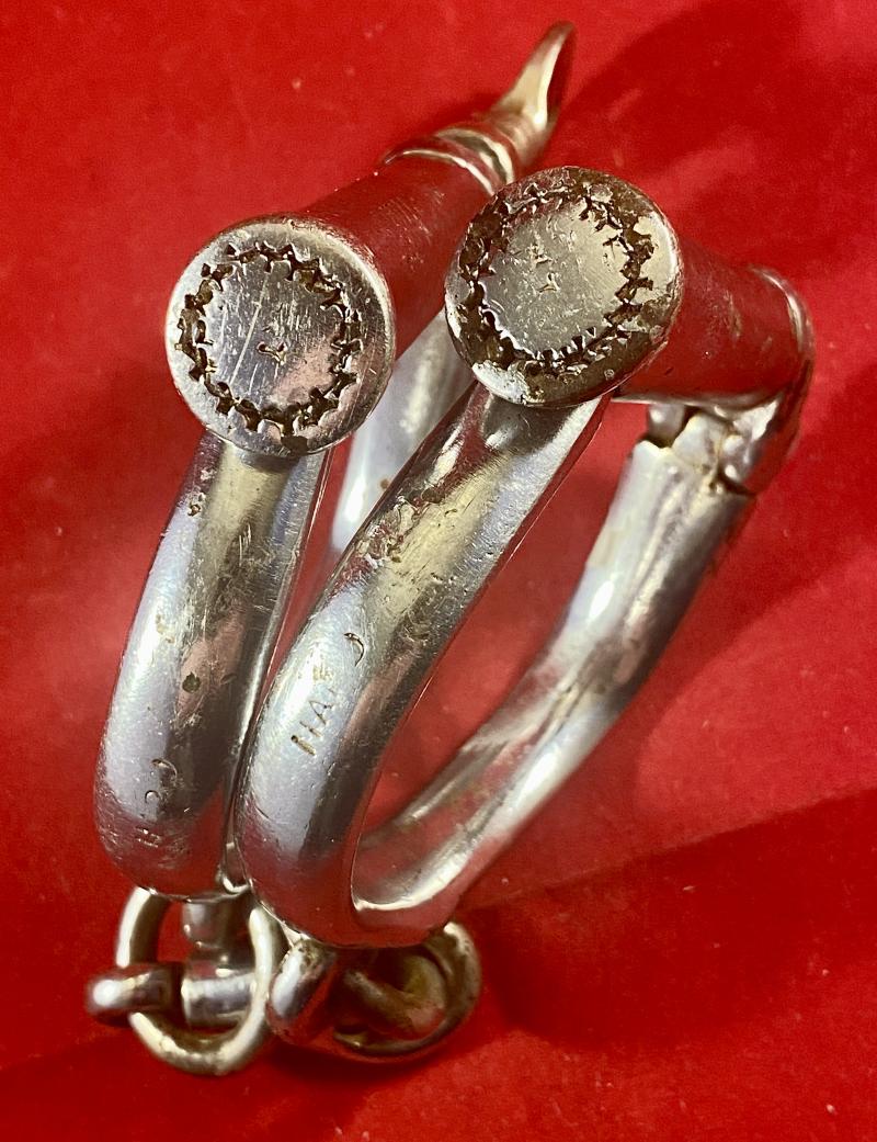 Pair of British Police Hiatt “D” Type Handcuffs with a Key c1920