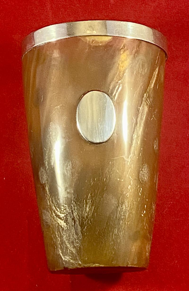 Antique Victorian Silver Rimmed Horn Beaker with Spotted Pattern and a Blank Silver Cartouche c1890