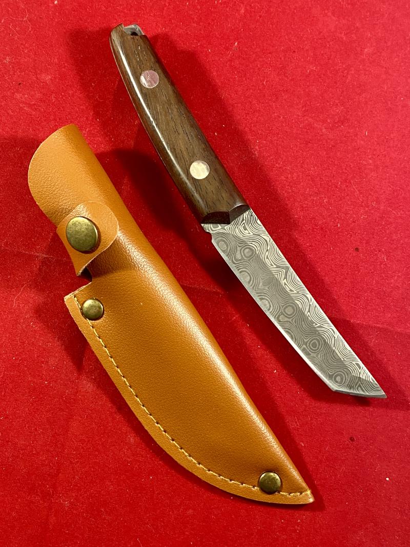 Modern Mini Tanto Knife with Acid Etched Damascus Blade - Wooden Grip and Leatherette Sheath