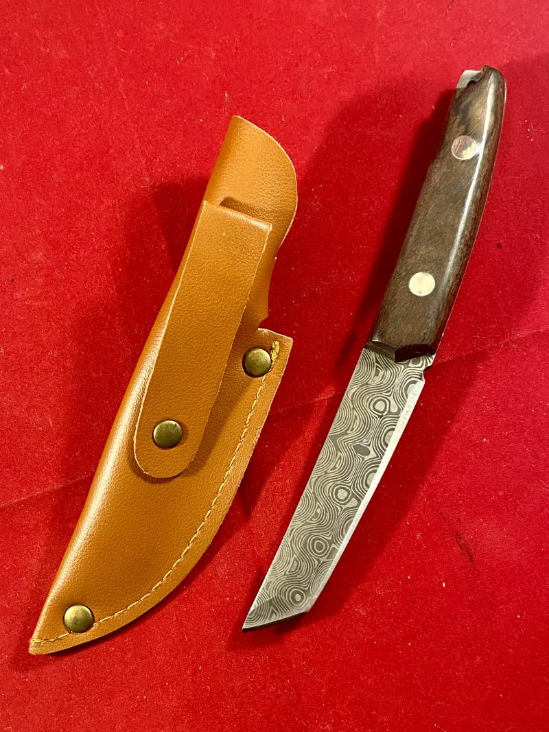 Modern Mini Tanto Knife with Acid Etched Damascus Blade - Wooden Grip and Leatherette Sheath