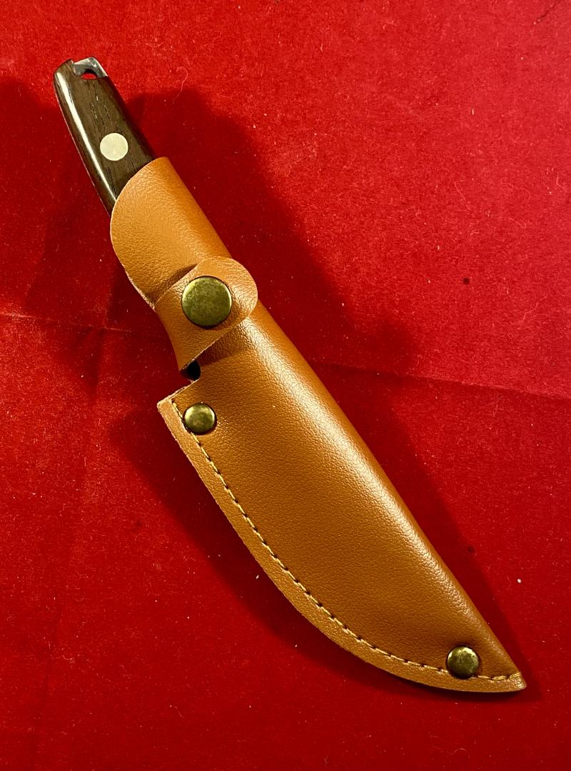 Modern Mini Tanto Knife with Acid Etched Damascus Blade - Wooden Grip and Leatherette Sheath