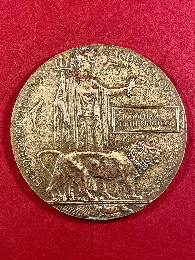 Genuine WW1 British Bronze Death Plaque (Death Penny) for WILLIAM HETHERINGTON
