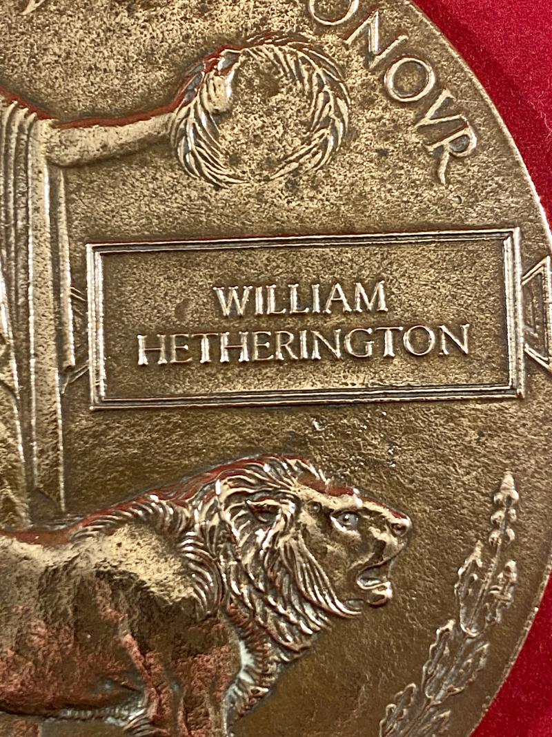 Genuine WW1 British Bronze Death Plaque (Death Penny) for WILLIAM HETHERINGTON