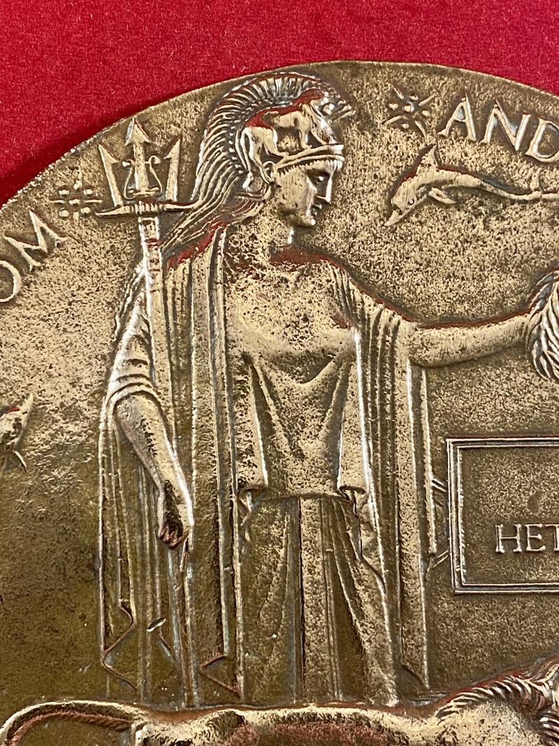 Genuine WW1 British Bronze Death Plaque (Death Penny) for WILLIAM HETHERINGTON