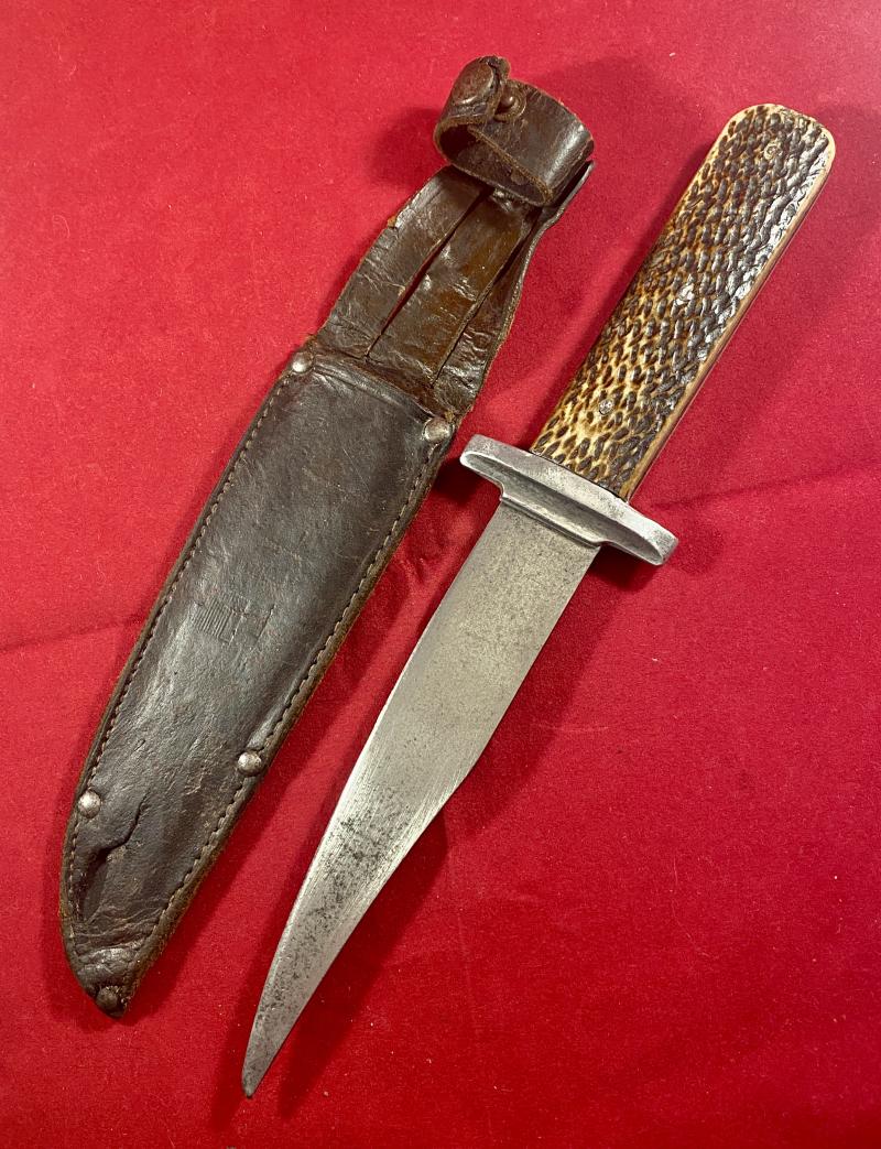 Rare WW2 British Army Auxiliary Unit Knife with Leather Sheath Named to “PAT”