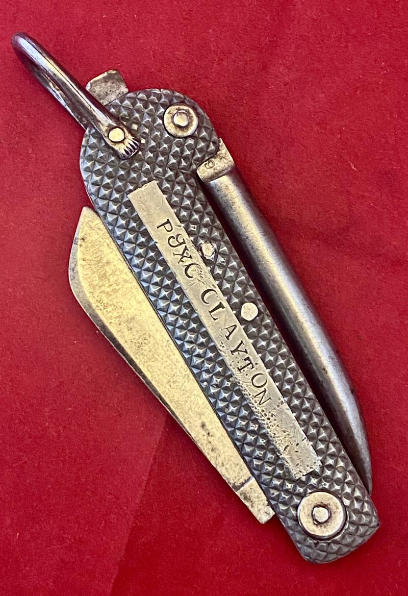 WW2 Period Royal Navy Admiralty Pattern 301B Alloy Scales Clasp Knife by Harrison Fisher & Co Ltd of Sheffield – Named to C. Clayton