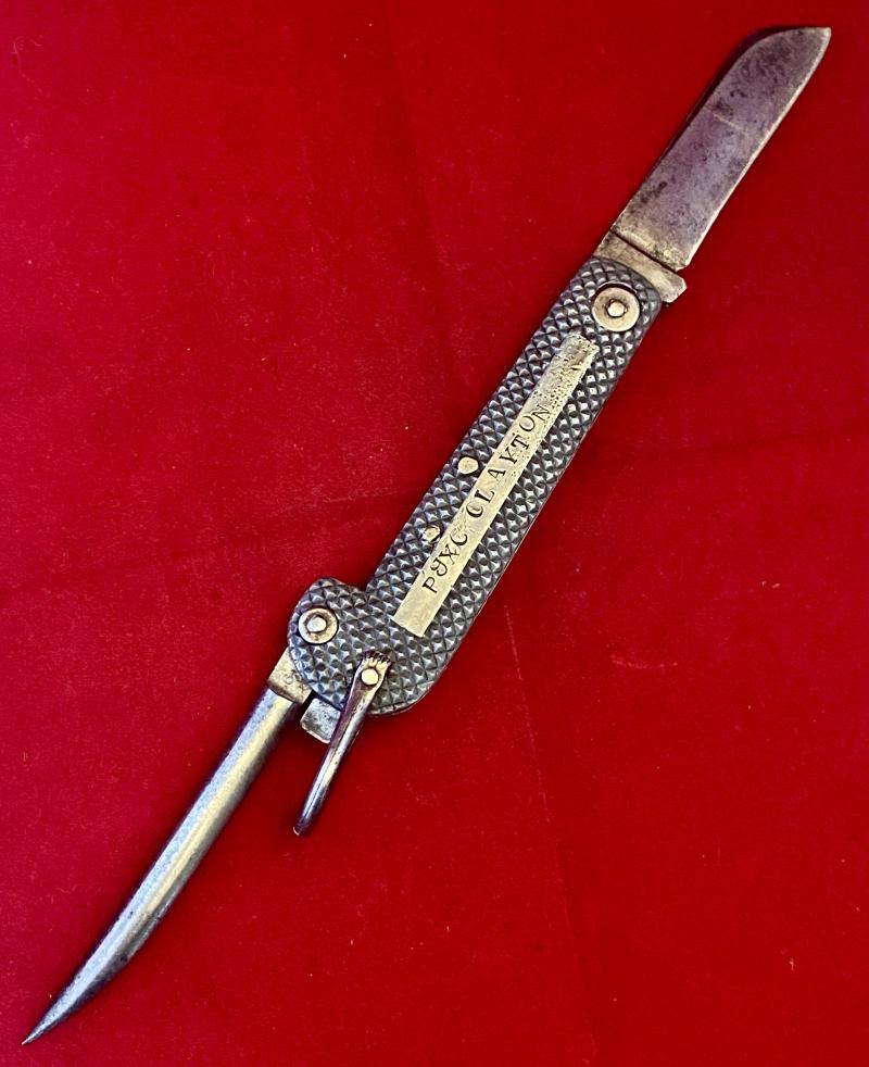 WW2 Period Royal Navy Admiralty Pattern 301B Alloy Scales Clasp Knife by Harrison Fisher & Co Ltd of Sheffield – Named to C. Clayton